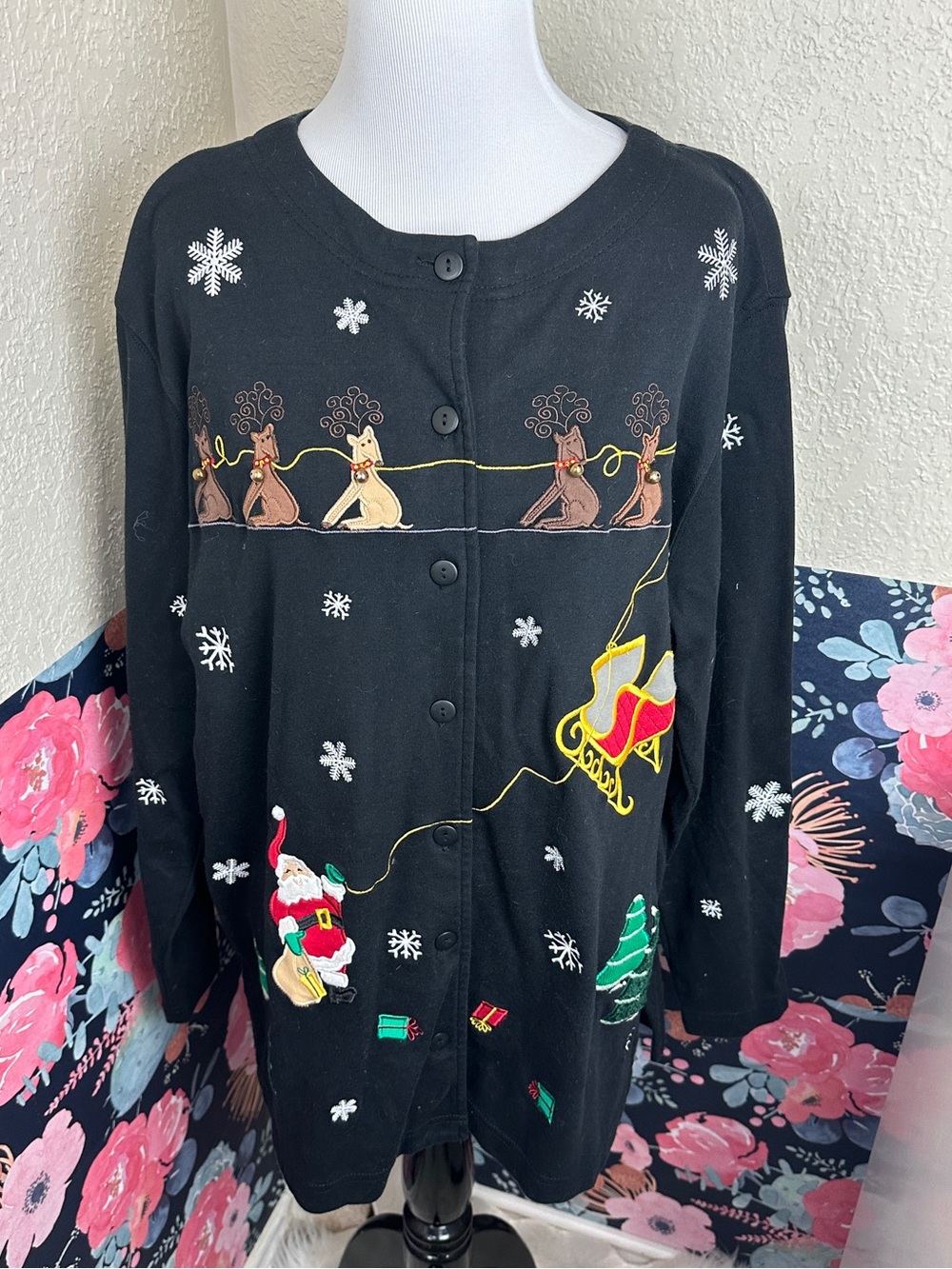 Vintage 90s Bechamel Santa’s Sleigh Reindeer Holiday Appliqué Knit Cardigan L